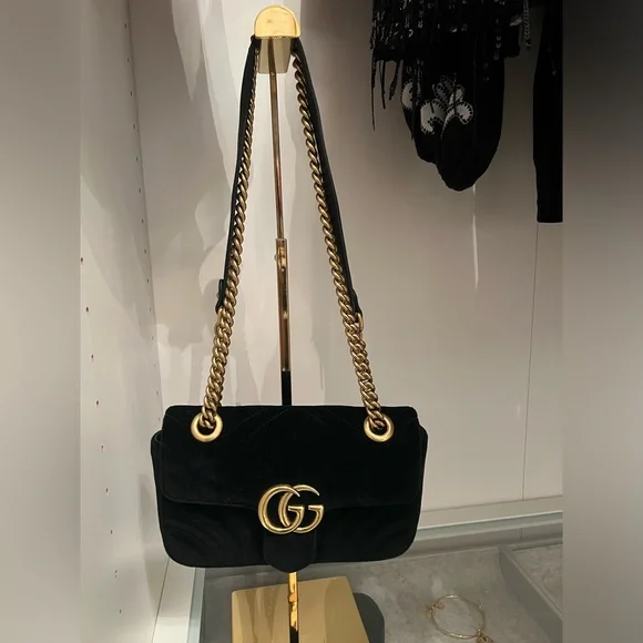 Gucci Black Matelassé Velvet Small GG Marmont Shoulder Bag - Picture 2 of 6